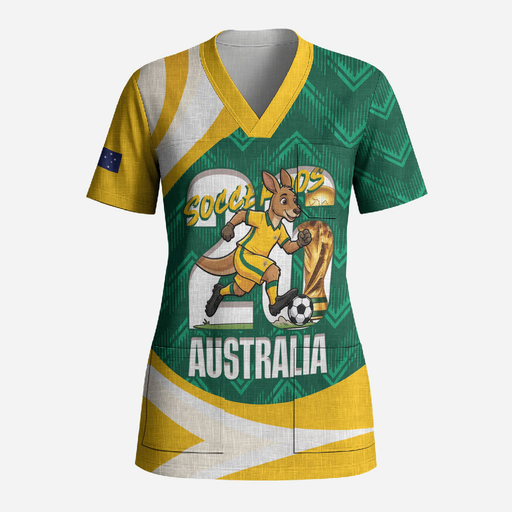 Australia 2026 Soccer Custom Scrub Top Go Socceroos Kangaroo Mascot Green Sporty