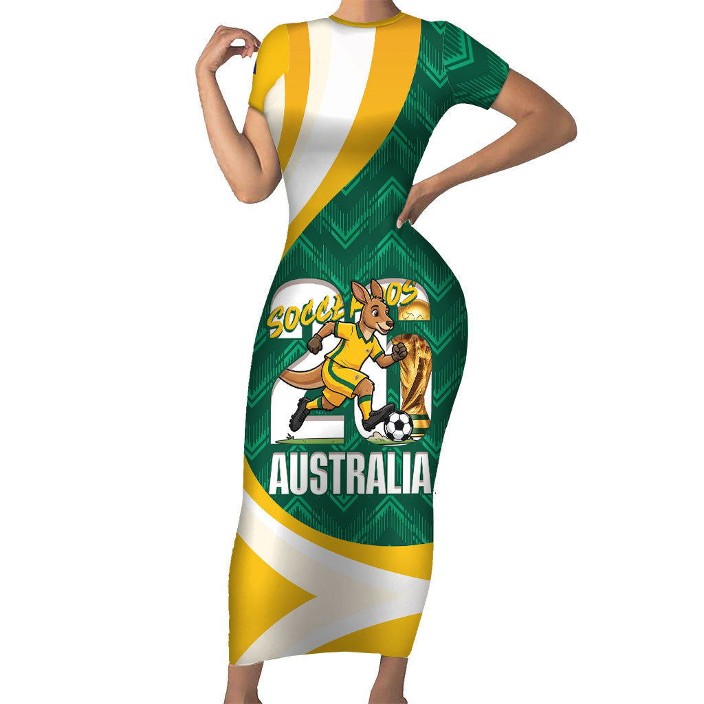 Australia 2026 Soccer Custom Short Sleeve Bodycon Dress Go Socceroos Kangaroo Mascot Green Sporty