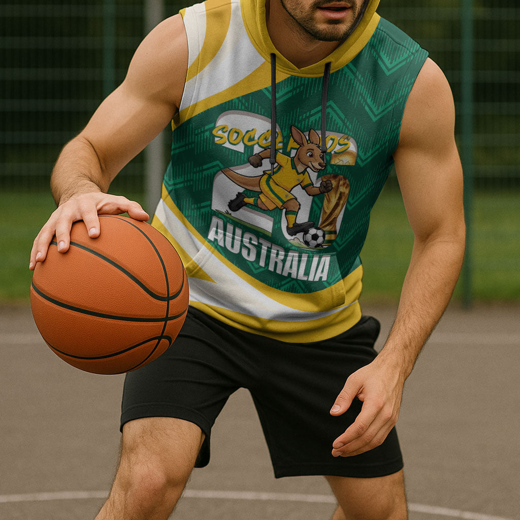 Australia 2026 Soccer Custom Sleeveless Hoodie Go Socceroos Kangaroo Mascot Green Sporty