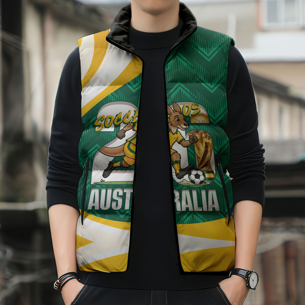 Australia 2026 Soccer Custom Sleeveless Puffer Jacket Go Socceroos Kangaroo Mascot Green Sporty