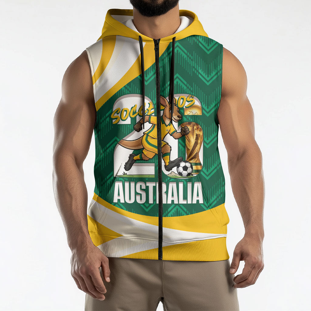 Australia 2026 Soccer Custom Sleeveless Zip Hoodie Go Socceroos Kangaroo Mascot Green Sporty