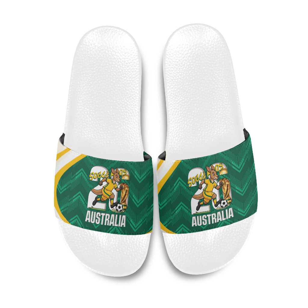 Australia 2026 Soccer Slide Sandals Go Socceroos Kangaroo Mascot Green Sporty