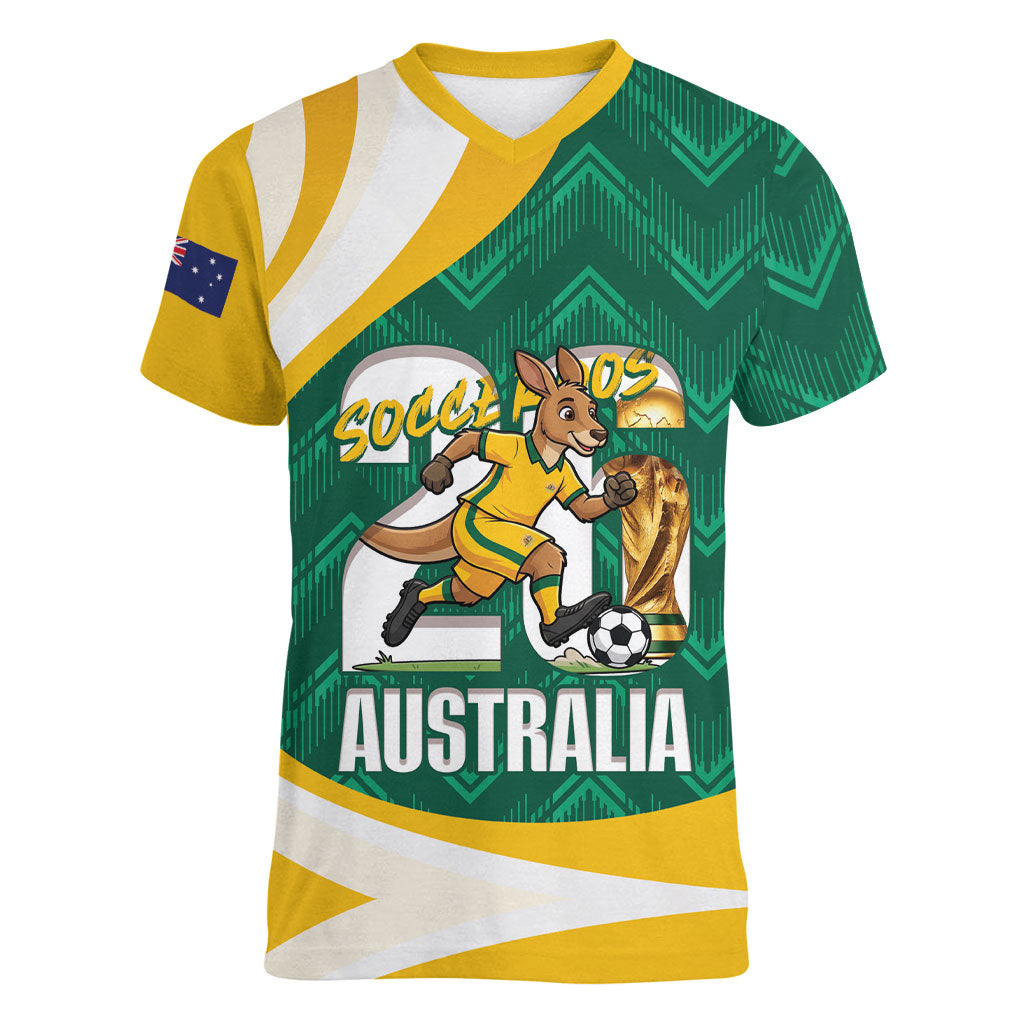 Australia 2026 Soccer Custom Women V-Neck T-Shirt Go Socceroos Kangaroo Mascot Green Sporty