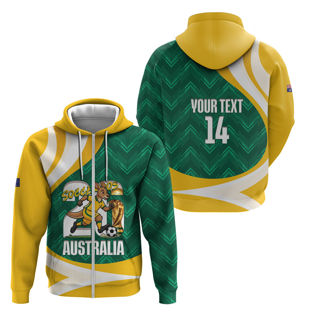 Australia 2026 Soccer Custom Zip Hoodie Go Socceroos Kangaroo Mascot Green Sporty