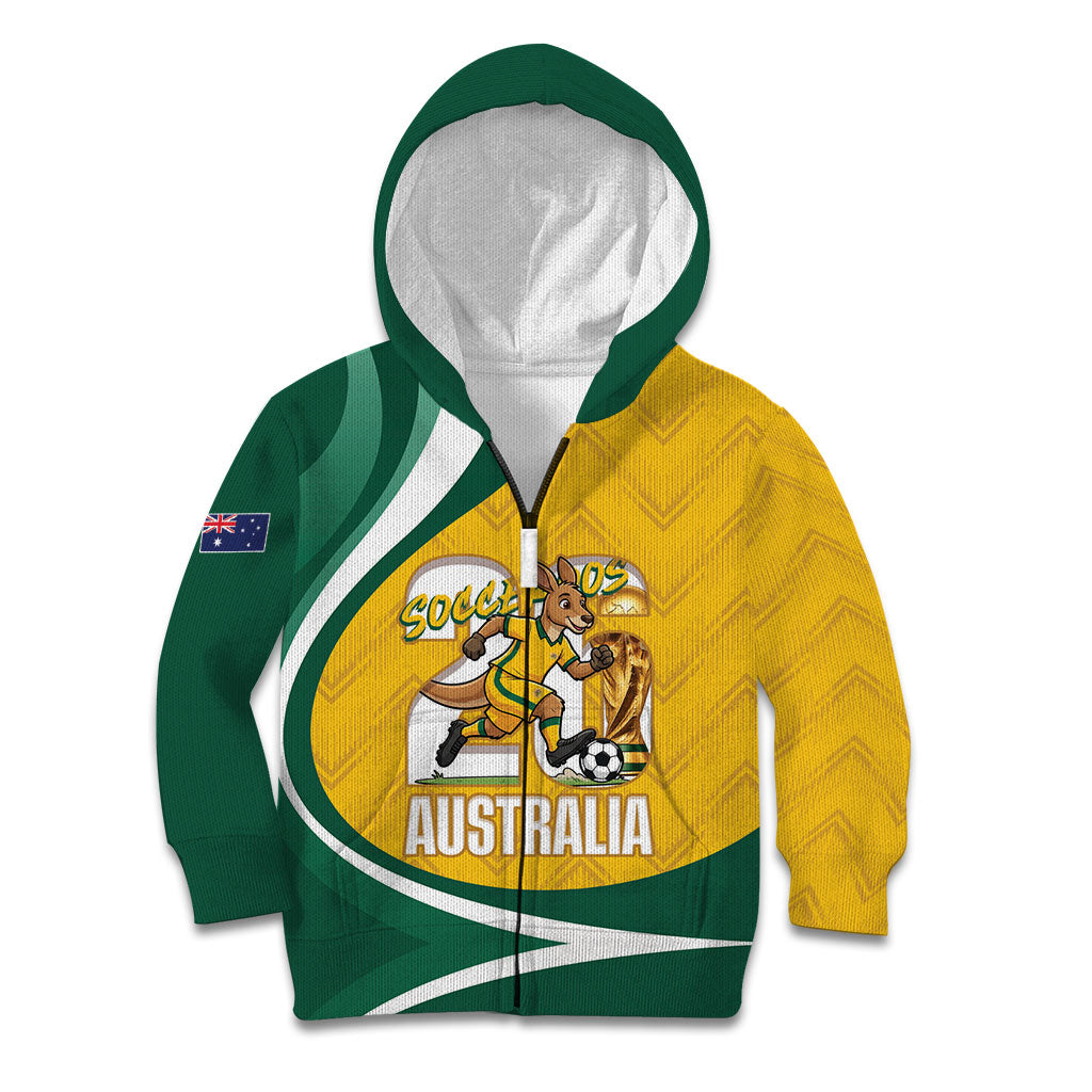 Australia 2026 Soccer Custom Kid Hoodie Go Socceroos Kangaroo Mascot Yellow Sporty