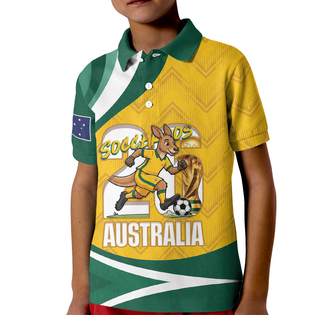 Australia 2026 Soccer Custom Kid Polo Shirt Go Socceroos Kangaroo Mascot Yellow Sporty