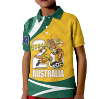 Australia 2026 Soccer Custom Kid Polo Shirt Go Socceroos Kangaroo Mascot Yellow Sporty