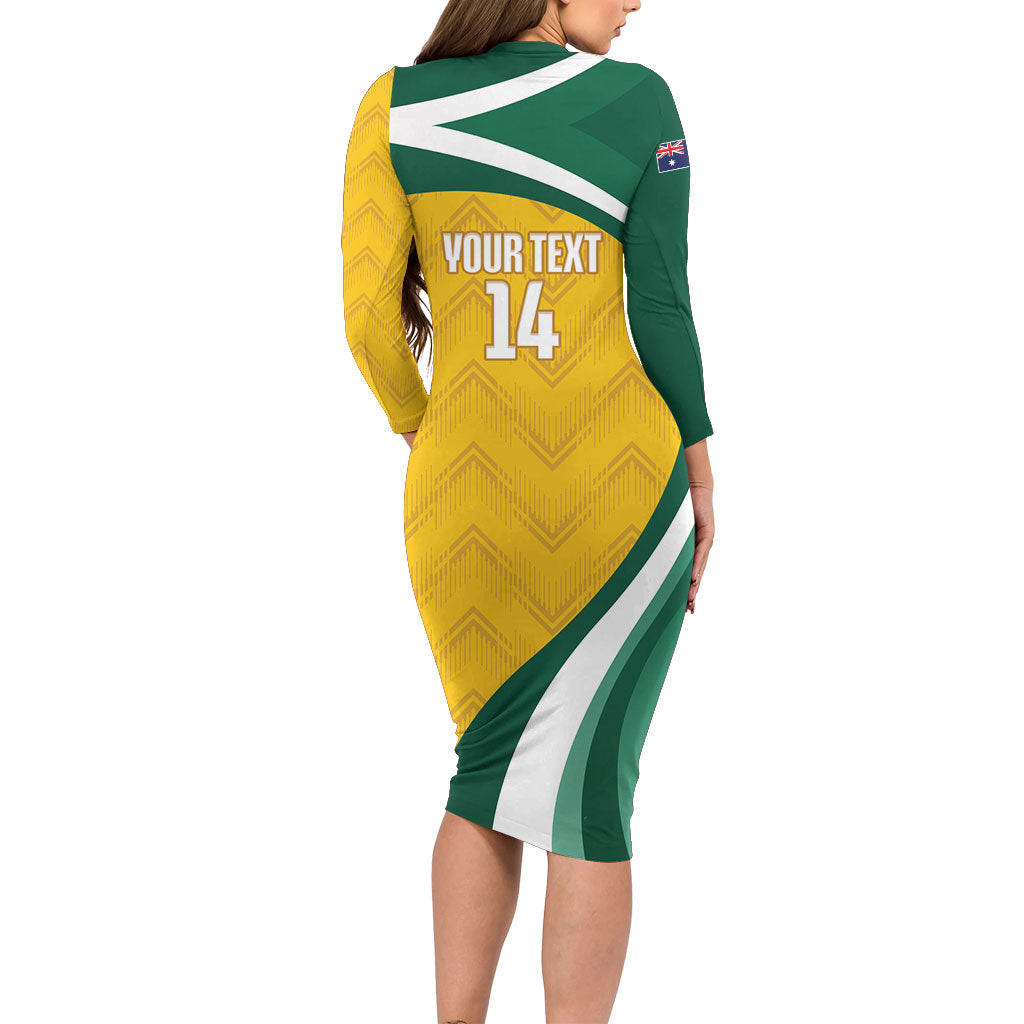 Australia 2026 Soccer Custom Long Sleeve Bodycon Dress Go Socceroos Kangaroo Mascot Yellow Sporty