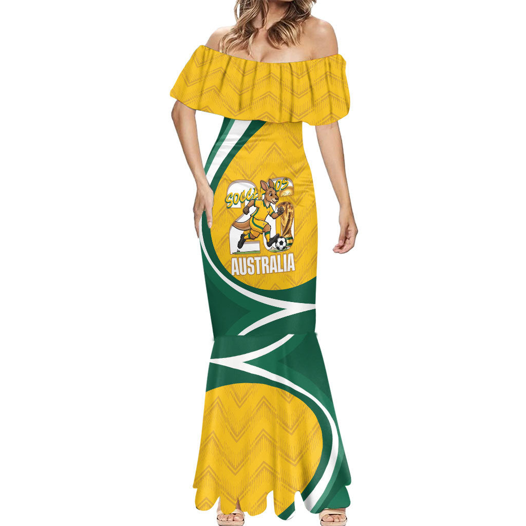 Australia 2026 Soccer Custom Mermaid Dress Go Socceroos Kangaroo Mascot Yellow Sporty