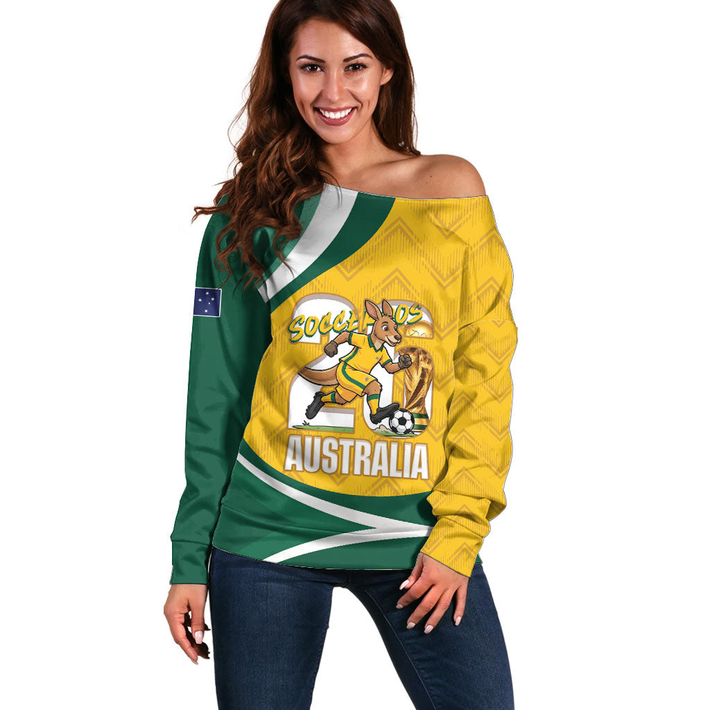 Australia 2026 Soccer Custom Off Shoulder Sweater Go Socceroos Kangaroo Mascot Yellow Sporty