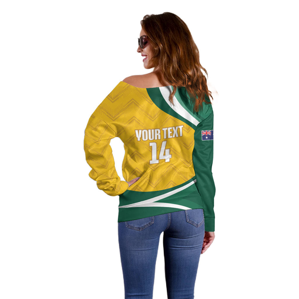 Australia 2026 Soccer Custom Off Shoulder Sweater Go Socceroos Kangaroo Mascot Yellow Sporty