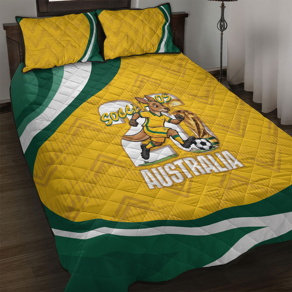 Australia 2026 Soccer Quilt Bed Set Go Socceroos Kangaroo Mascot Yellow Sporty