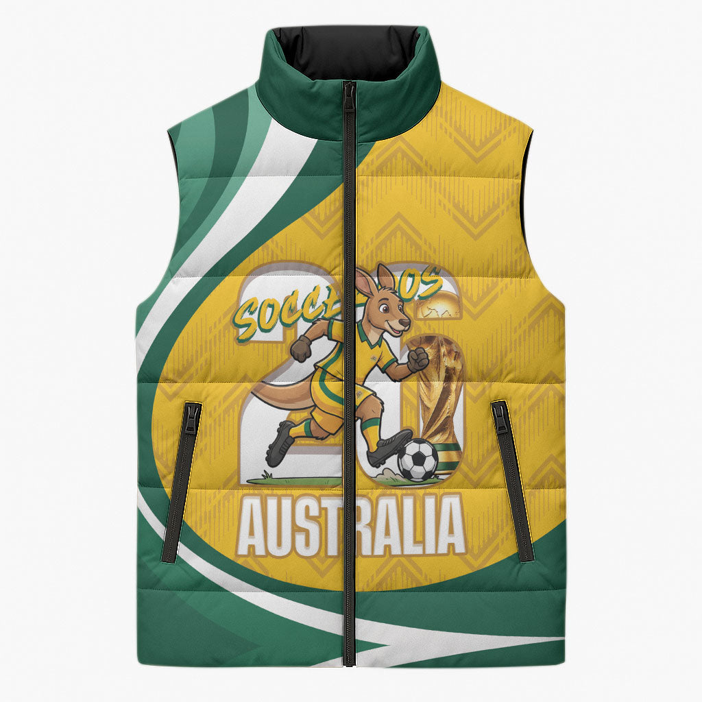 Australia 2026 Soccer Custom Sleeveless Puffer Jacket Go Socceroos Kangaroo Mascot Yellow Sporty
