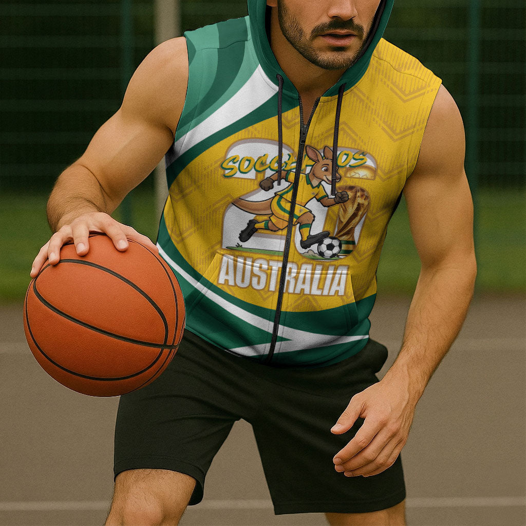 Australia 2026 Soccer Custom Sleeveless Zip Hoodie Go Socceroos Kangaroo Mascot Yellow Sporty