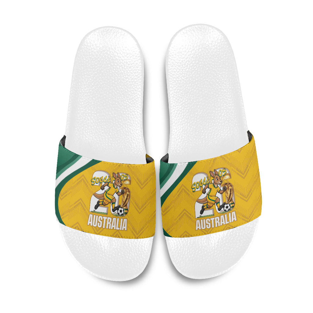 Australia 2026 Soccer Slide Sandals Go Socceroos Kangaroo Mascot Yellow Sporty