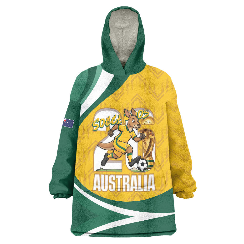 Australia 2026 Soccer Custom Wearable Blanket Hoodie Go Socceroos Kangaroo Mascot Yellow Sporty