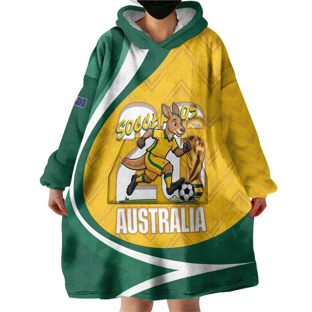 Australia 2026 Soccer Custom Wearable Blanket Hoodie Go Socceroos Kangaroo Mascot Yellow Sporty