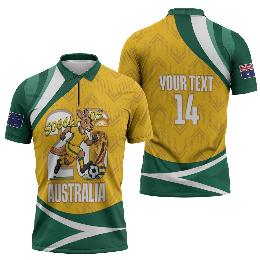 Australia 2026 Soccer Custom Zipper Polo Shirt Go Socceroos Kangaroo Mascot Yellow Sporty