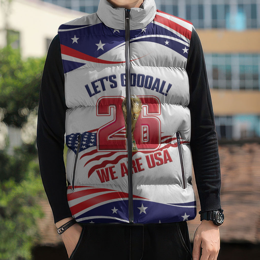 United States 2026 Soccer Custom Sleeveless Puffer Jacket We Are USA Go Champions Flag Waves