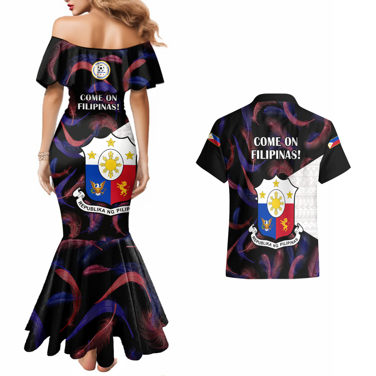 Philippines Football Couples Matching Mermaid Dress And Hawaiian Shirt 2023 World Cup Go Filipinas Feather Black Version - Wonder Print Shop