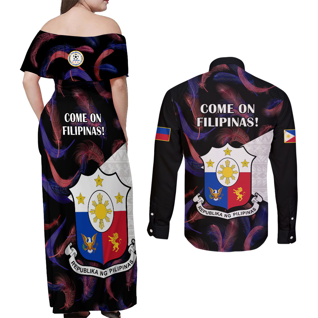 Philippines Football Couples Matching Off Shoulder Maxi Dress and Long Sleeve Button Shirts 2023 World Cup Go Filipinas Feather Black Version - Wonder Print Shop