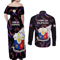 Philippines Football Couples Matching Off Shoulder Maxi Dress and Long Sleeve Button Shirts 2023 World Cup Go Filipinas Feather Black Version - Wonder Print Shop