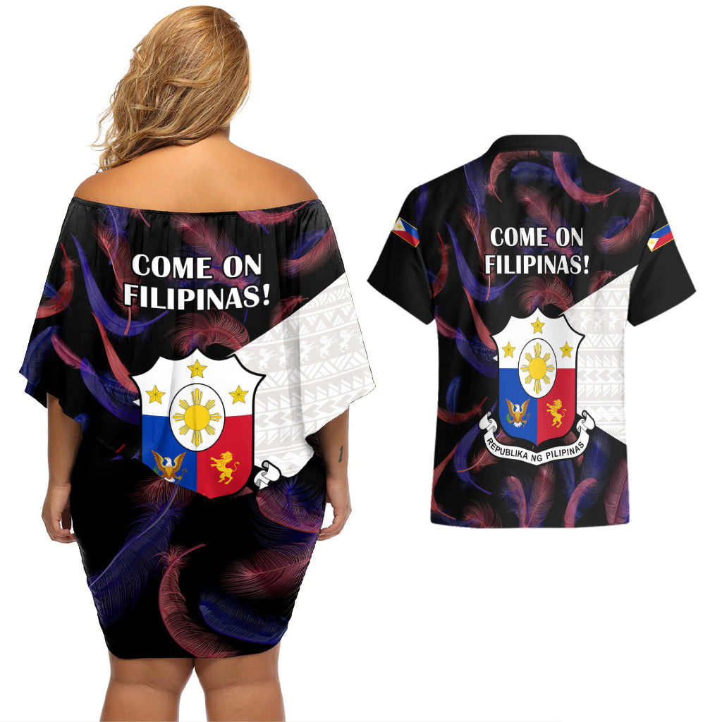 Philippines Football Couples Matching Off Shoulder Short Dress and Hawaiian Shirt 2023 World Cup Go Filipinas Feather Black Version - Wonder Print Shop
