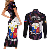 Philippines Football Couples Matching Short Sleeve Bodycon Dress and Long Sleeve Button Shirts 2023 World Cup Go Filipinas Feather Black Version - Wonder Print Shop