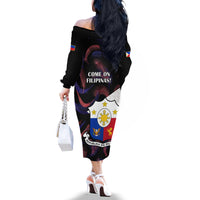 Philippines Football Off The Shoulder Long Sleeve Dress 2023 World Cup Go Filipinas Feather Black Version - Wonder Print Shop