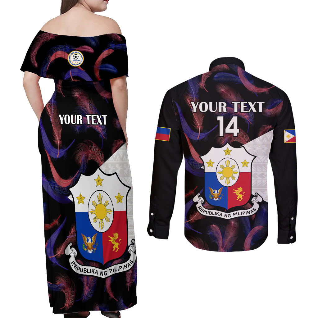 Custom Philippines Football Couples Matching Off Shoulder Maxi Dress and Long Sleeve Button Shirts 2023 World Cup Go Filipinas Feather Black Version - Wonder Print Shop
