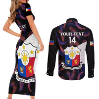 Custom Philippines Football Couples Matching Short Sleeve Bodycon Dress and Long Sleeve Button Shirts 2023 World Cup Go Filipinas Feather Black Version - Wonder Print Shop