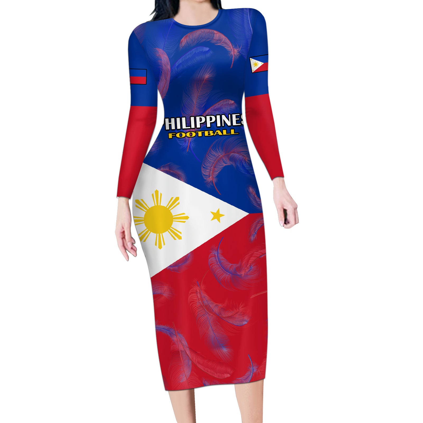 Philippines Football Long Sleeve Bodycon Dress 2023 World Cup Go Filipinas Feather Flag Version - Wonder Print Shop