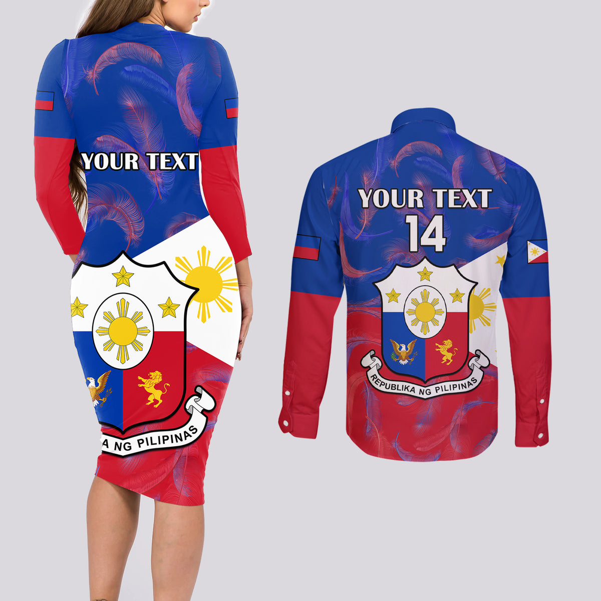 Custom Philippines Football Couples Matching Long Sleeve Bodycon Dress and Long Sleeve Button Shirts 2023 World Cup Go Filipinas Feather Flag Version - Wonder Print Shop