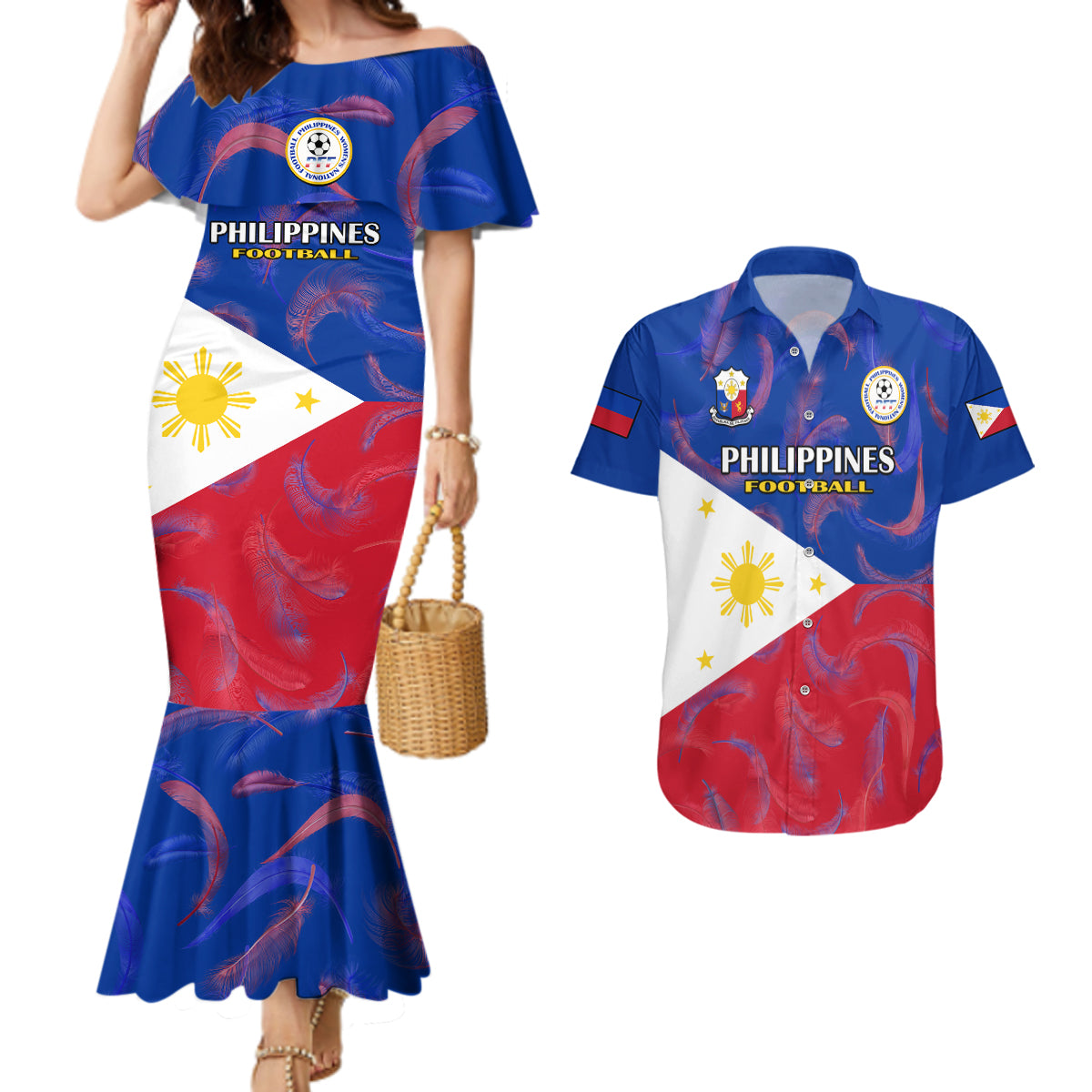 Custom Philippines Football Couples Matching Mermaid Dress And Hawaiian Shirt 2023 World Cup Go Filipinas Feather Flag Version - Wonder Print Shop
