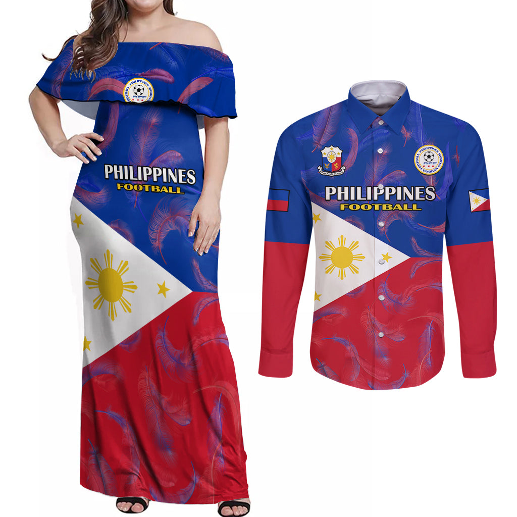 Custom Philippines Football Couples Matching Off Shoulder Maxi Dress and Long Sleeve Button Shirts 2023 World Cup Go Filipinas Feather Flag Version - Wonder Print Shop
