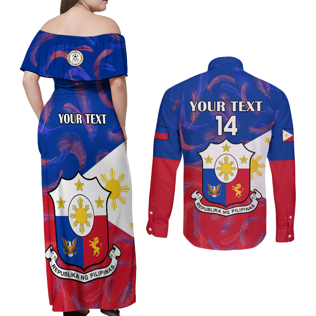 Custom Philippines Football Couples Matching Off Shoulder Maxi Dress and Long Sleeve Button Shirts 2023 World Cup Go Filipinas Feather Flag Version - Wonder Print Shop