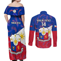 Custom Philippines Football Couples Matching Off Shoulder Maxi Dress and Long Sleeve Button Shirts 2023 World Cup Go Filipinas Feather Flag Version - Wonder Print Shop