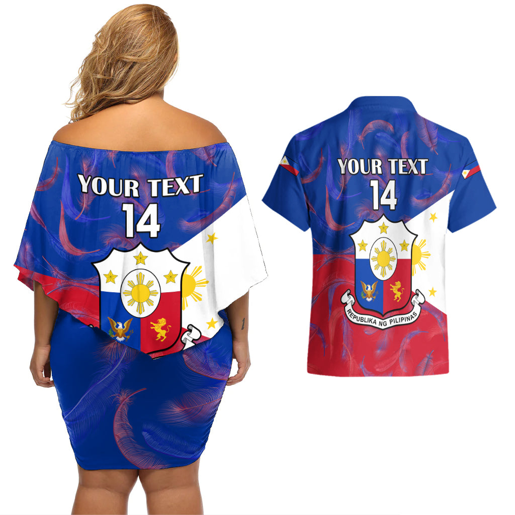 Custom Philippines Football Couples Matching Off Shoulder Short Dress and Hawaiian Shirt 2023 World Cup Go Filipinas Feather Flag Version - Wonder Print Shop