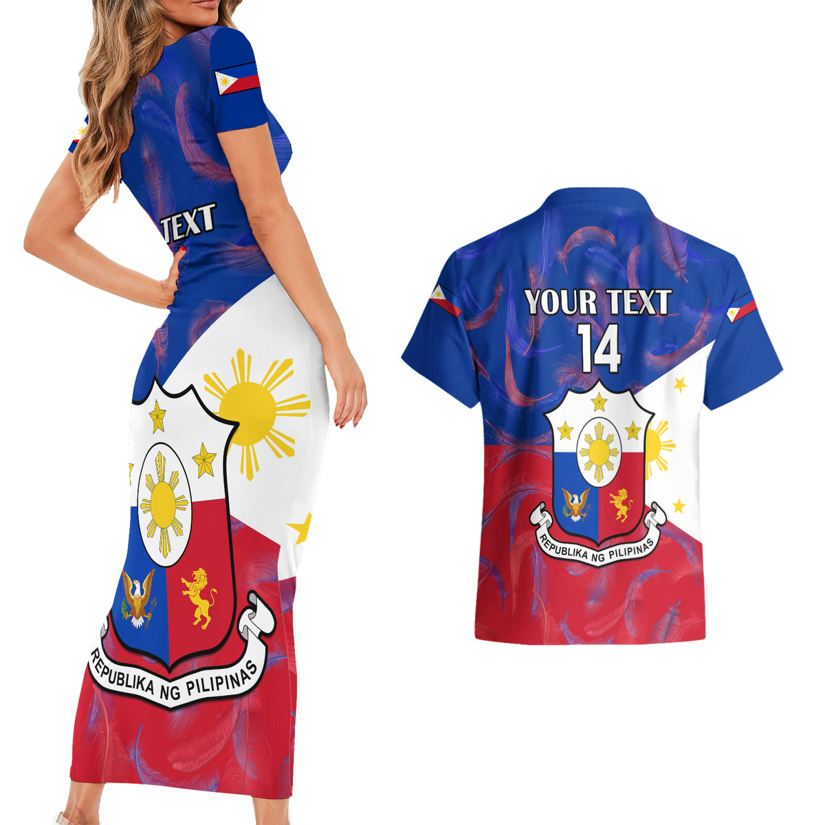 Custom Philippines Football Couples Matching Short Sleeve Bodycon Dress and Hawaiian Shirt 2023 World Cup Go Filipinas Feather Flag Version - Wonder Print Shop