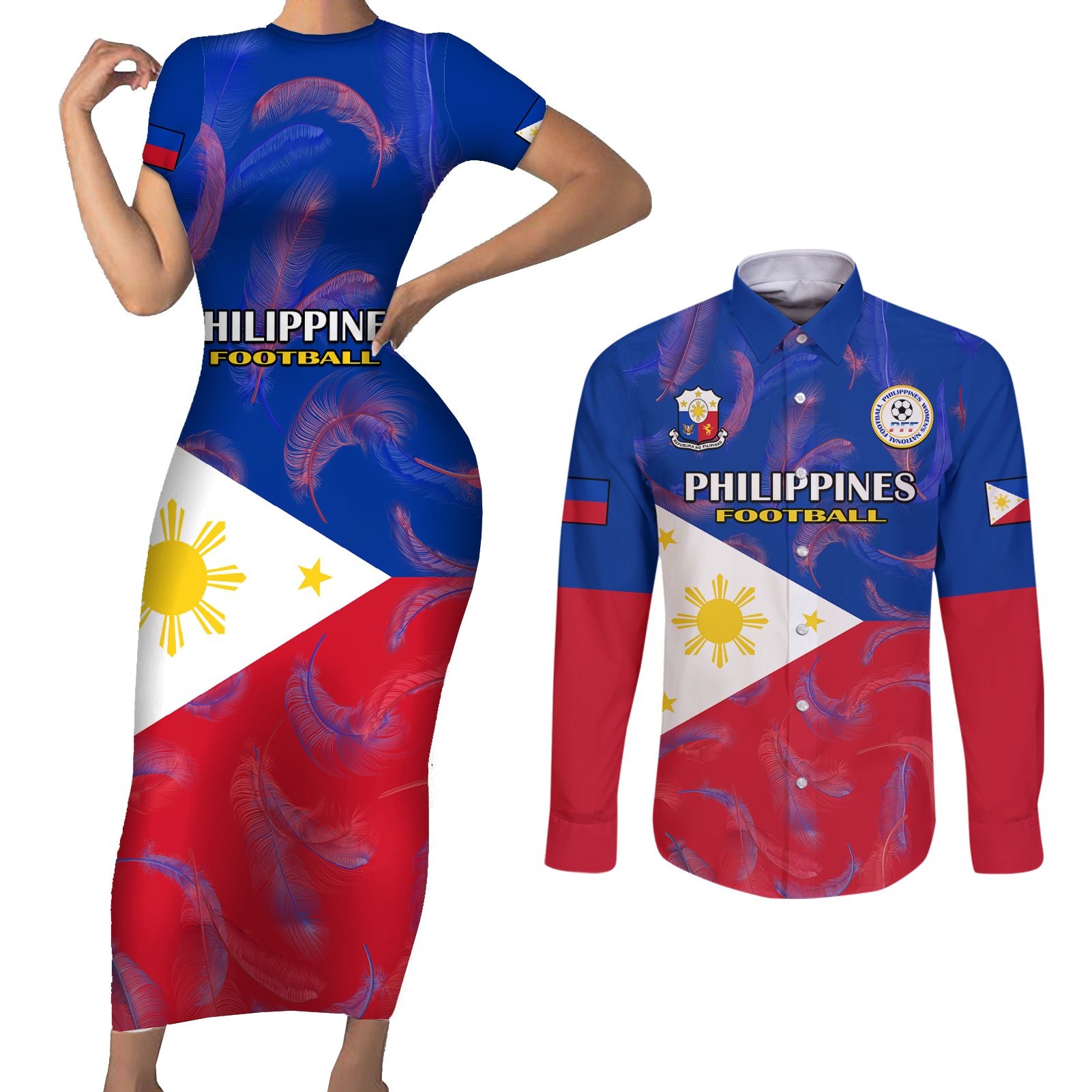 Custom Philippines Football Couples Matching Short Sleeve Bodycon Dress and Long Sleeve Button Shirts 2023 World Cup Go Filipinas Feather Flag Version - Wonder Print Shop