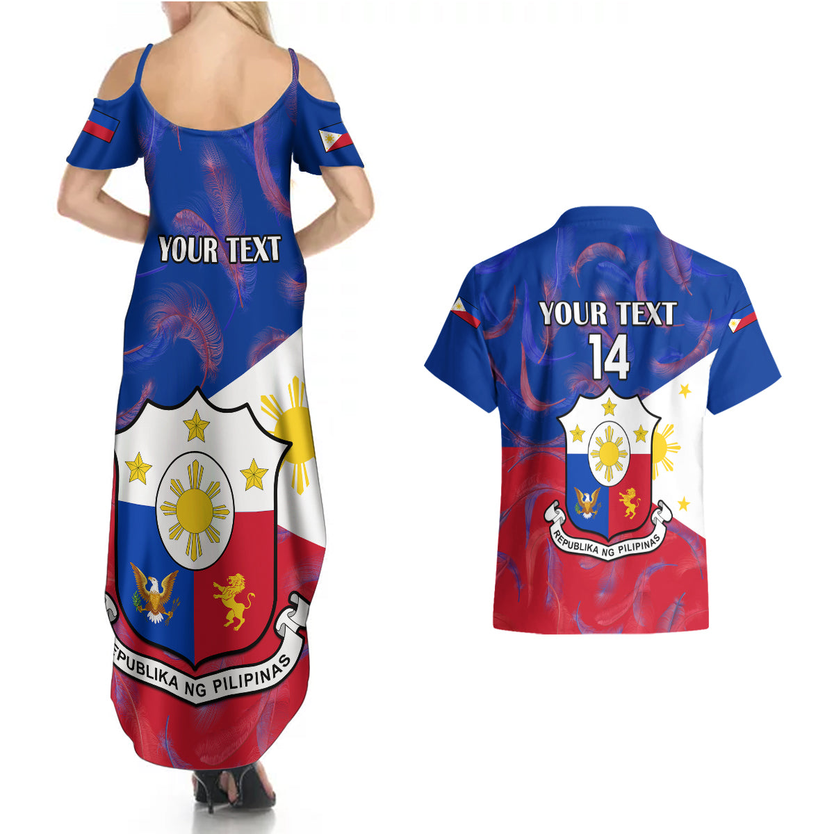 Custom Philippines Football Couples Matching Summer Maxi Dress and Hawaiian Shirt 2023 World Cup Go Filipinas Feather Flag Version - Wonder Print Shop