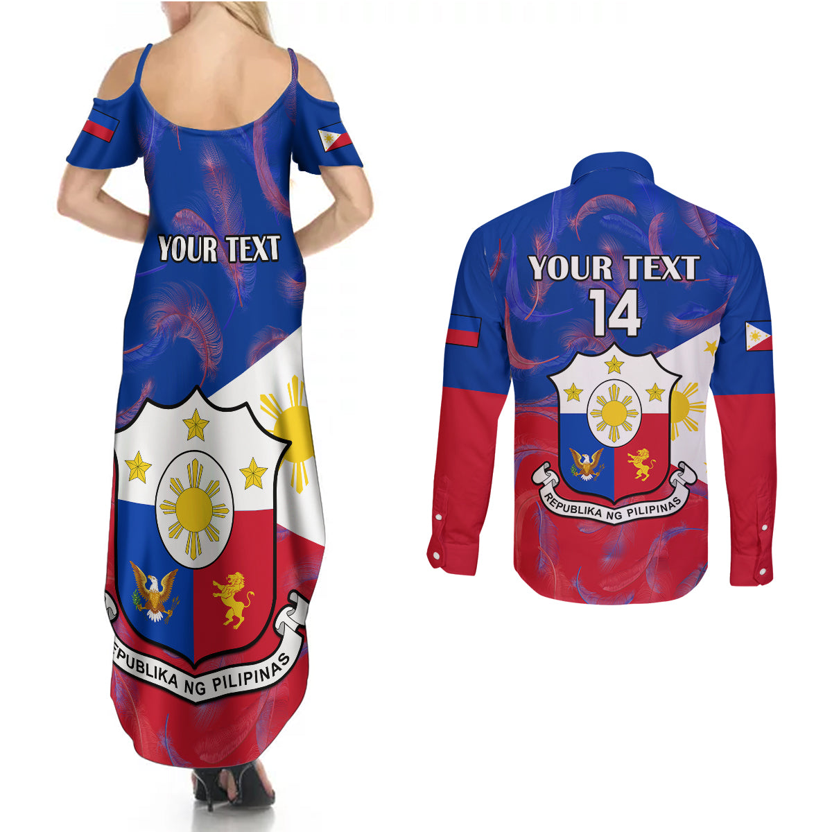 Custom Philippines Football Couples Matching Summer Maxi Dress and Long Sleeve Button Shirts 2023 World Cup Go Filipinas Feather Flag Version - Wonder Print Shop