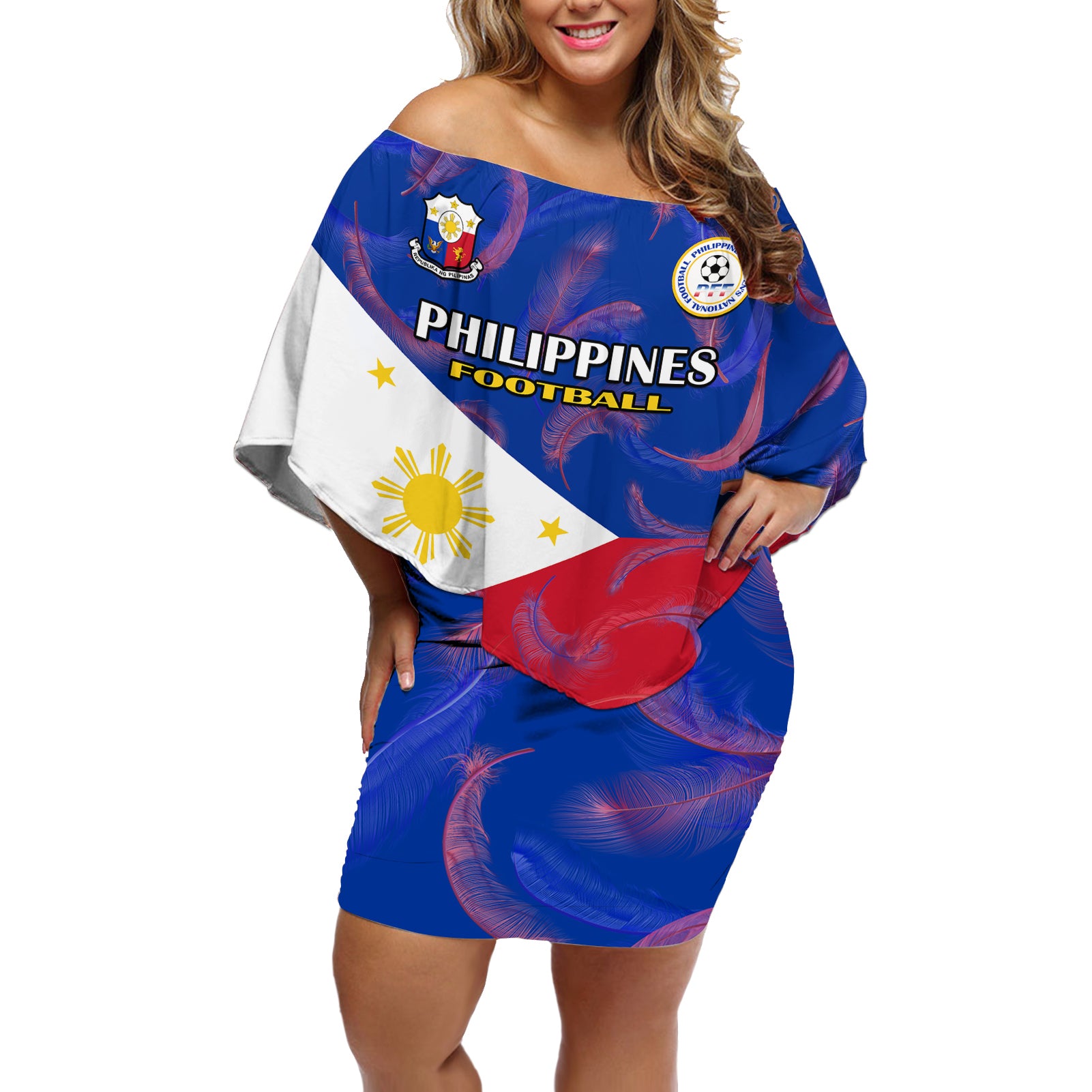 Custom Philippines Football Off Shoulder Short Dress 2023 World Cup Go Filipinas Feather Flag Version - Wonder Print Shop