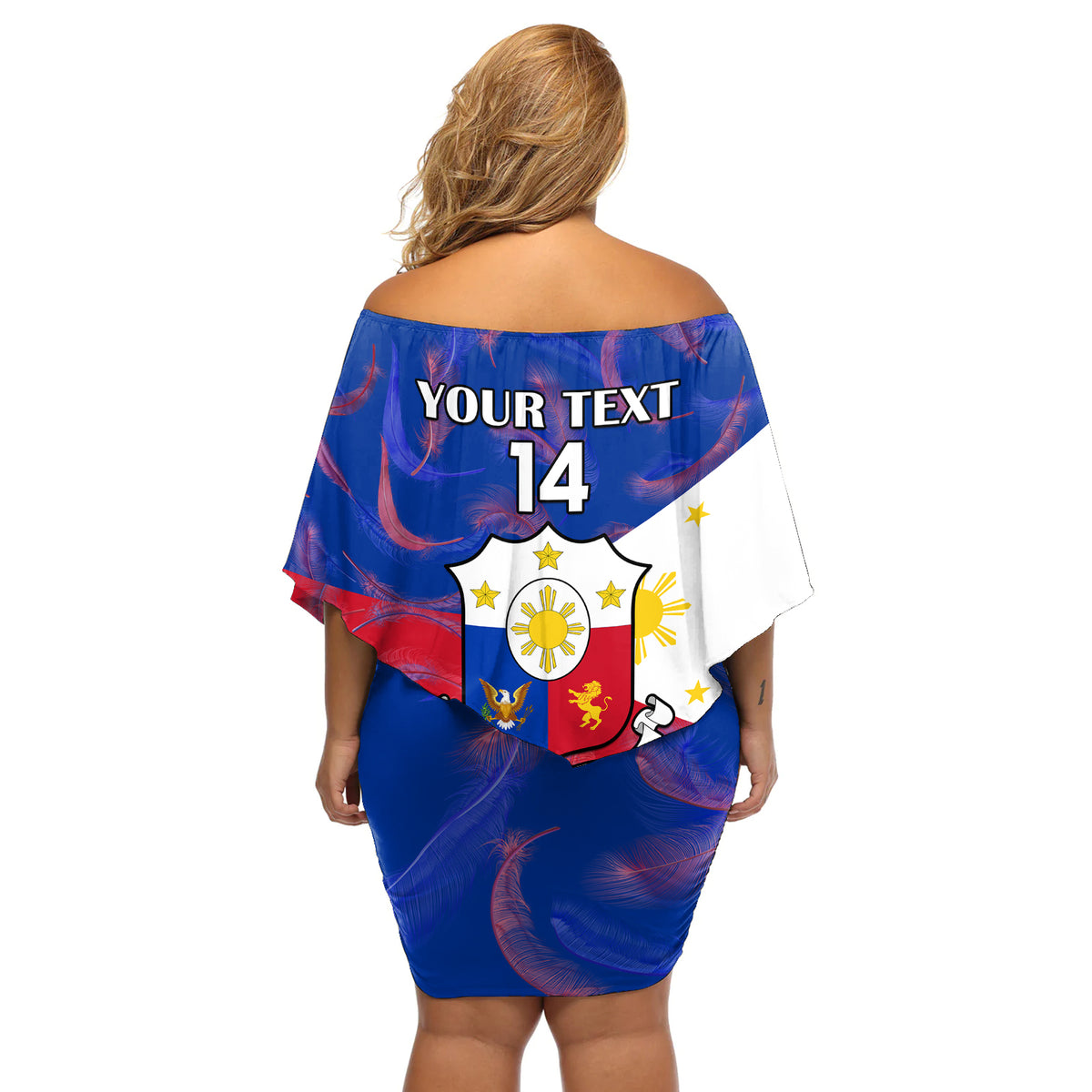 Custom Philippines Football Off Shoulder Short Dress 2023 World Cup Go Filipinas Feather Flag Version - Wonder Print Shop