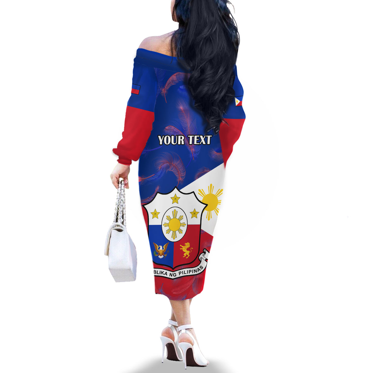 Custom Philippines Football Off The Shoulder Long Sleeve Dress 2023 World Cup Go Filipinas Feather Flag Version - Wonder Print Shop
