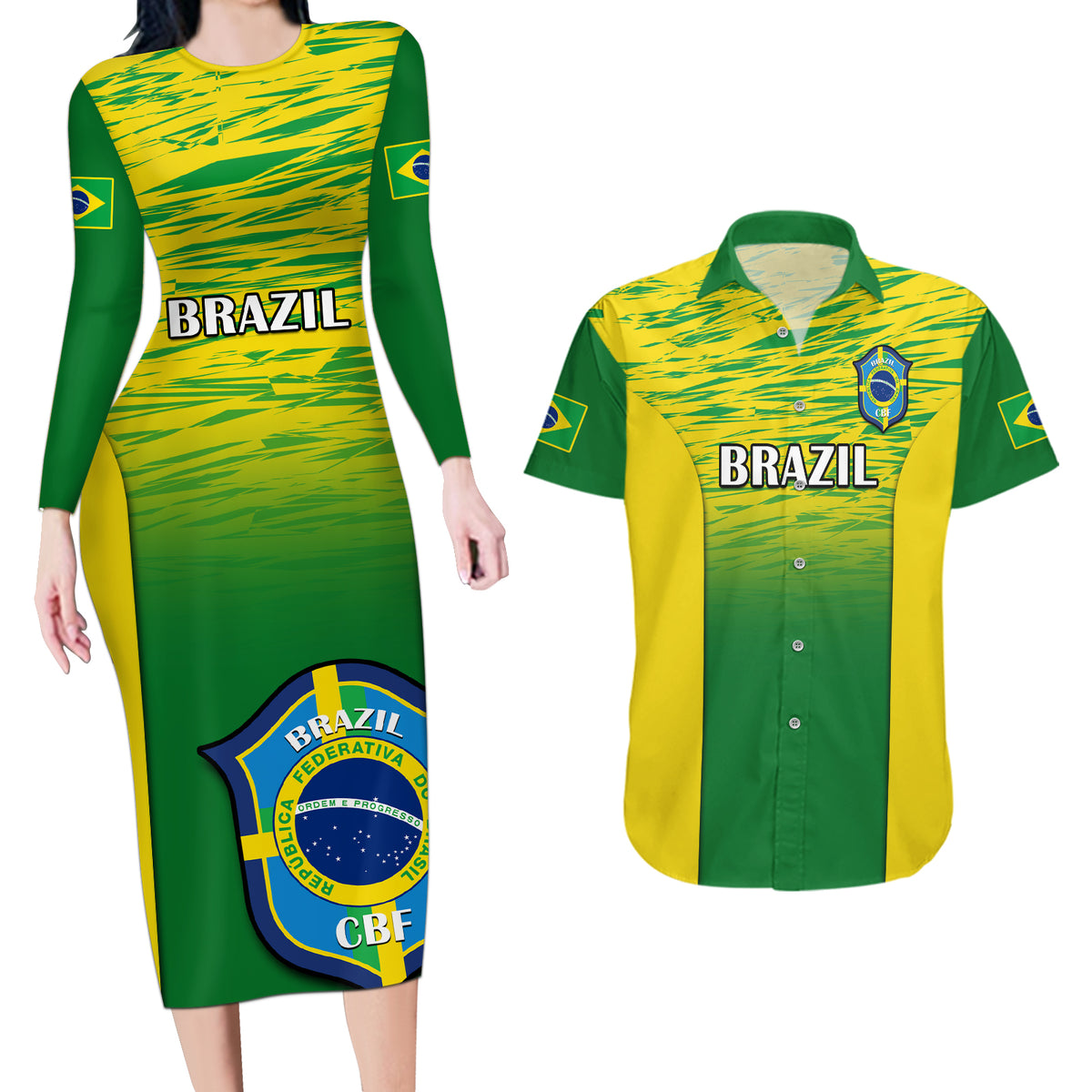 Brazil Football Couples Matching Long Sleeve Bodycon Dress and Hawaiian Shirt 2023 World Cup Go Selecao Gradient Style - Wonder Print Shop