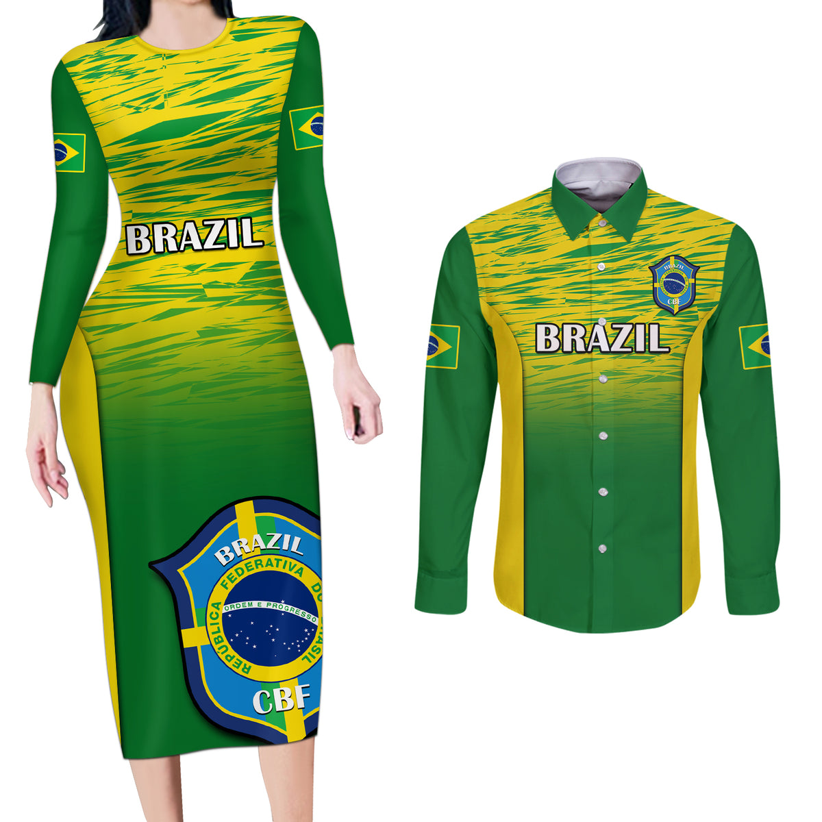 Brazil Football Couples Matching Long Sleeve Bodycon Dress and Long Sleeve Button Shirts 2023 World Cup Go Selecao Gradient Style - Wonder Print Shop
