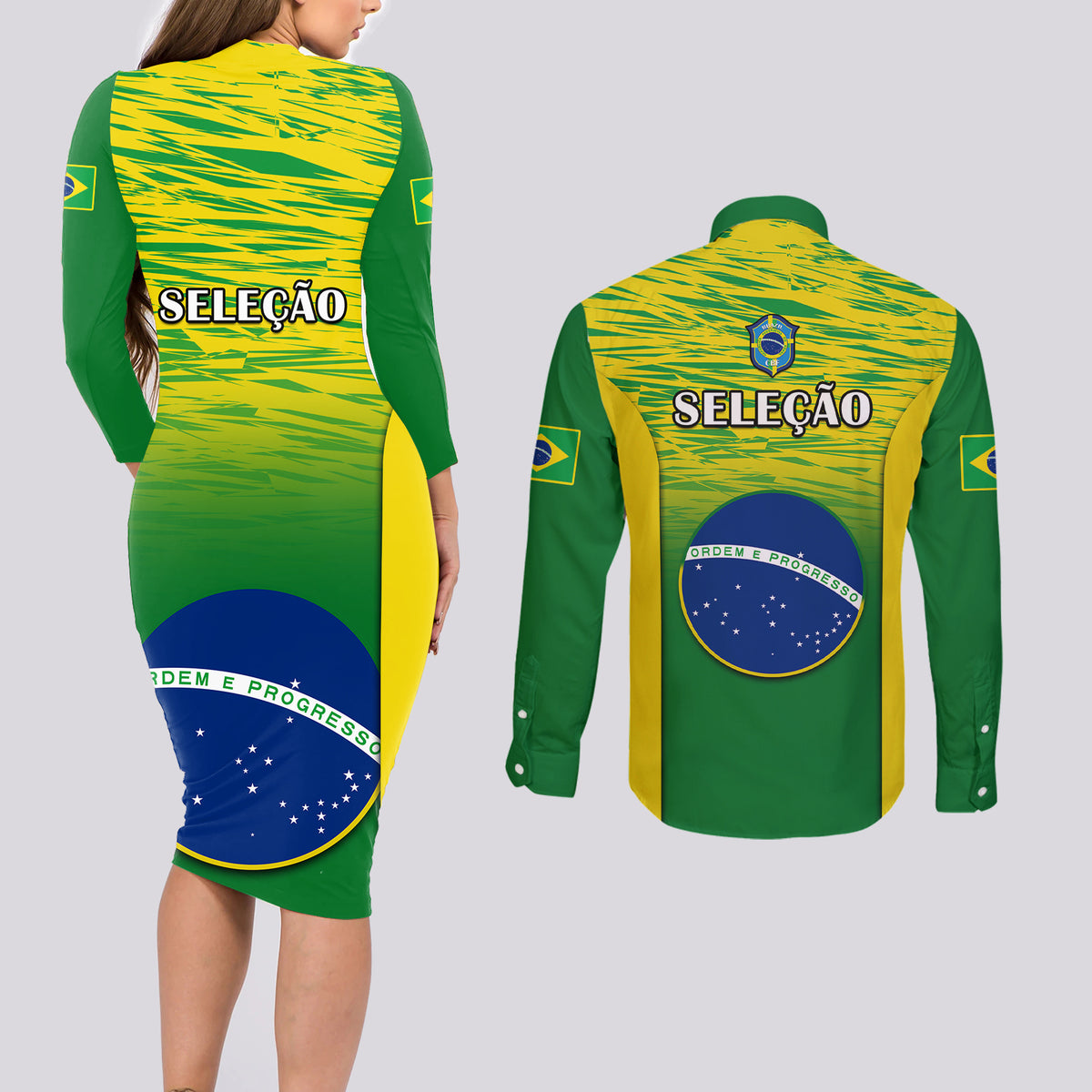 Brazil matching long-sleeve bodycon dress and button shirt, back view