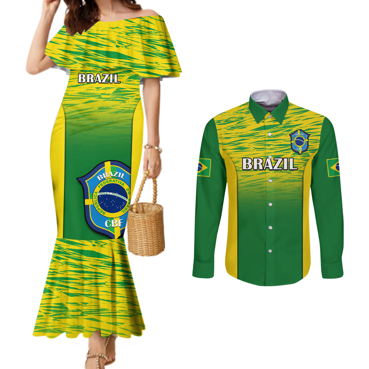 brazil-football-couples-matching-mermaid-dress-and-long-sleeve-button-shirts-2023-world-cup-go-selecao-gradient-style