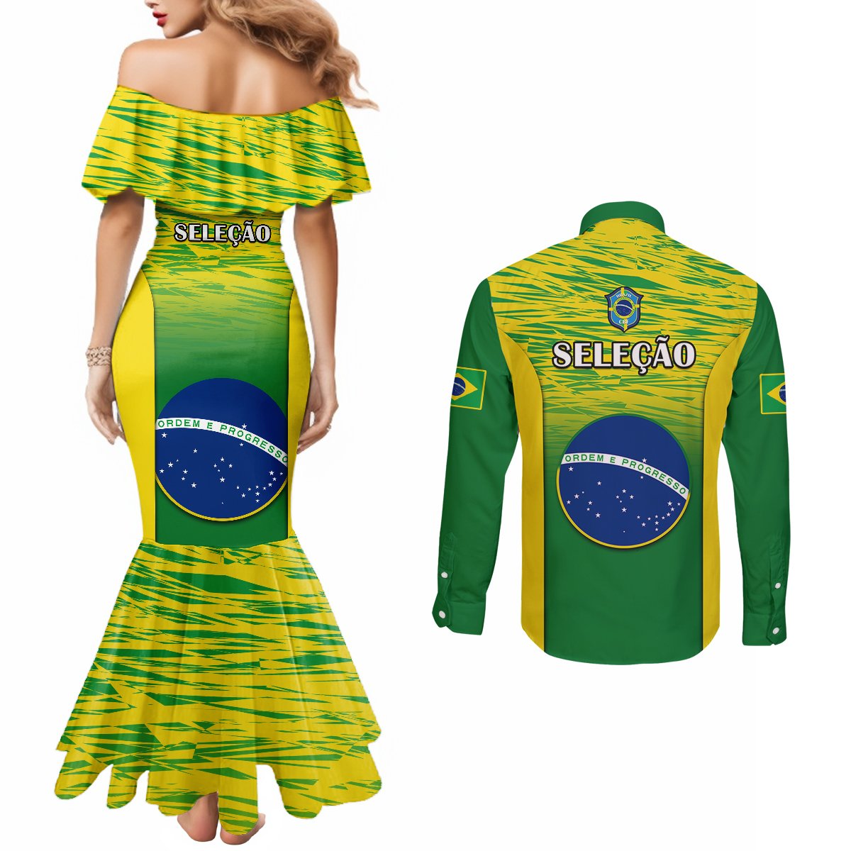 Green gradient off-shoulder mermaid dress and Brazil back-print long-sleeve button shirt